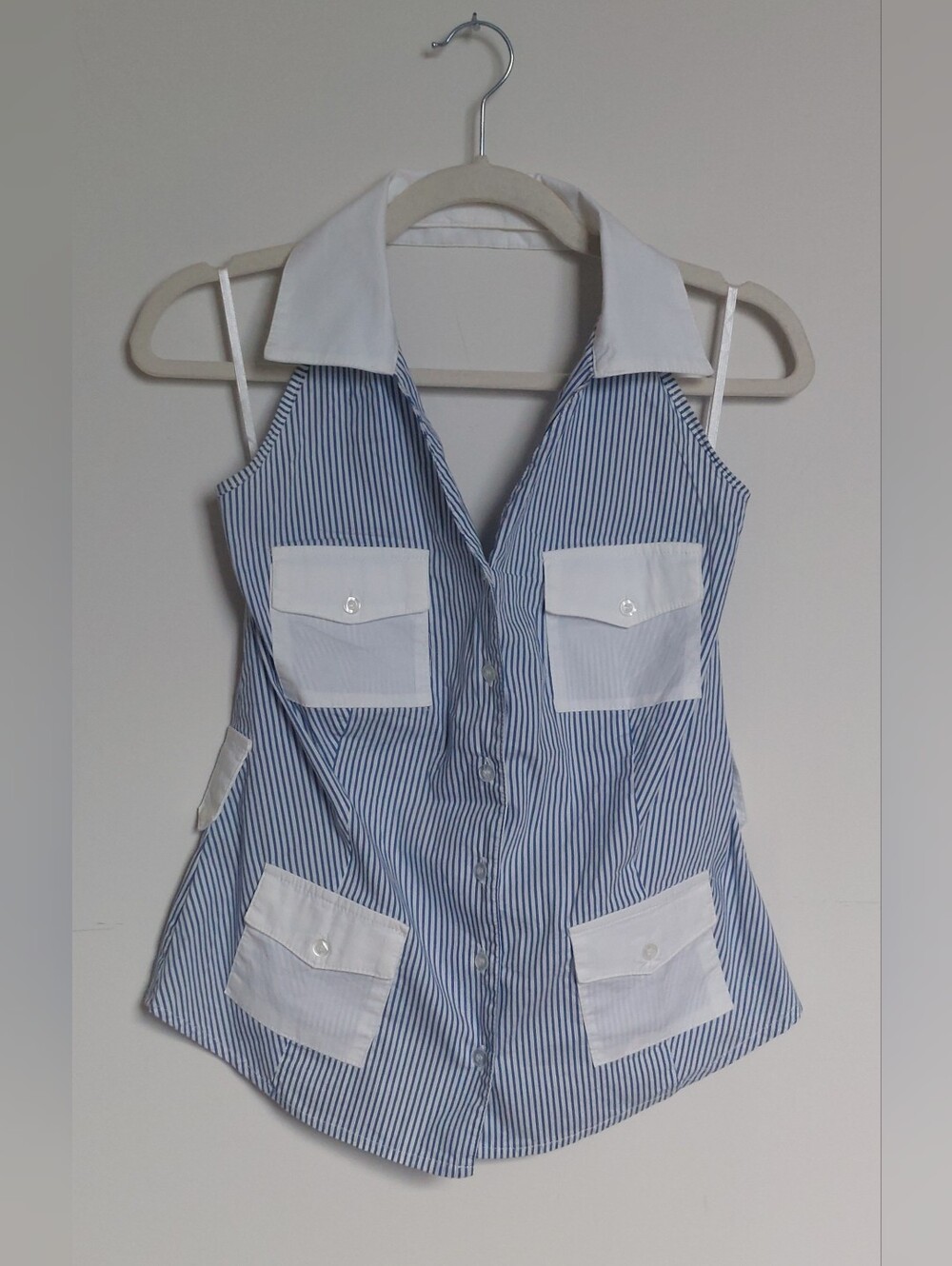 Blue & White Striped Sleeveless Halter Button-down Shirt